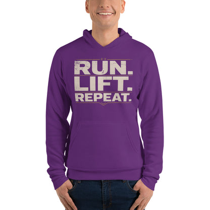 Run Lift Repeat vintage athletic hoodie — Team Purple, on model