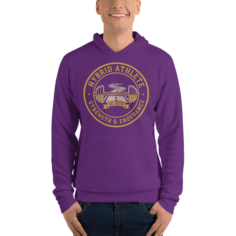 Hybrid Athlete vintage athletic-department crest hoodie — Team Purple, on model