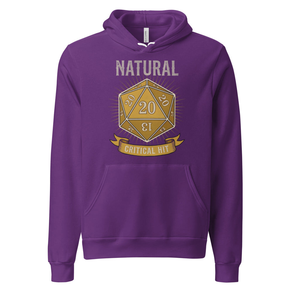Natural 20 critical hit d20 tabletop RPG hoodie — Team Purple, front