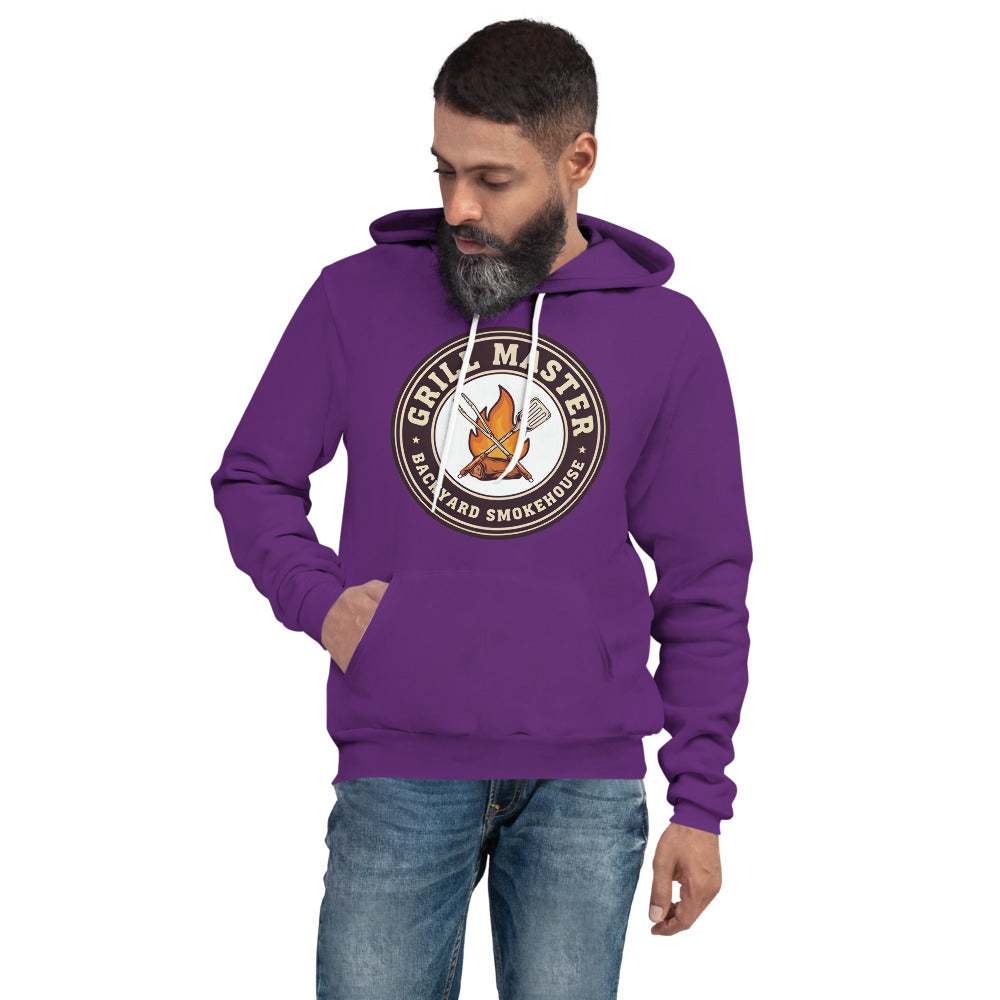 Grill Master retro backyard smokehouse hoodie — Team Purple, on model