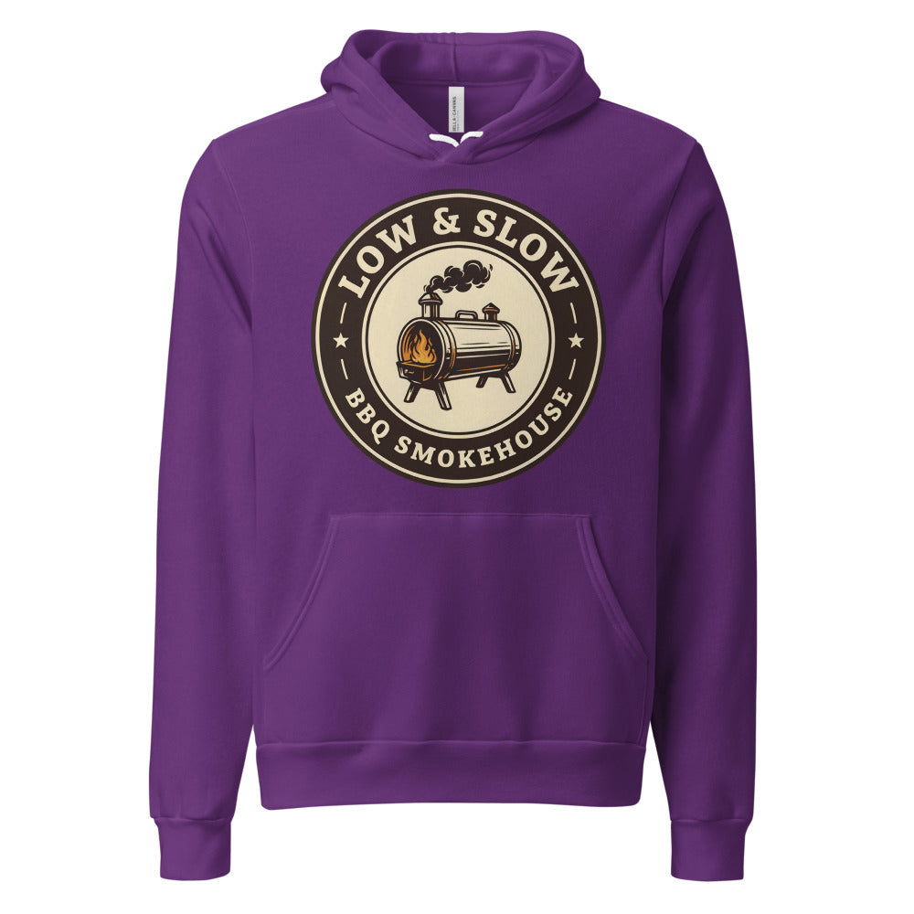 Low & Slow BBQ smoker hoodie — Team Purple, front