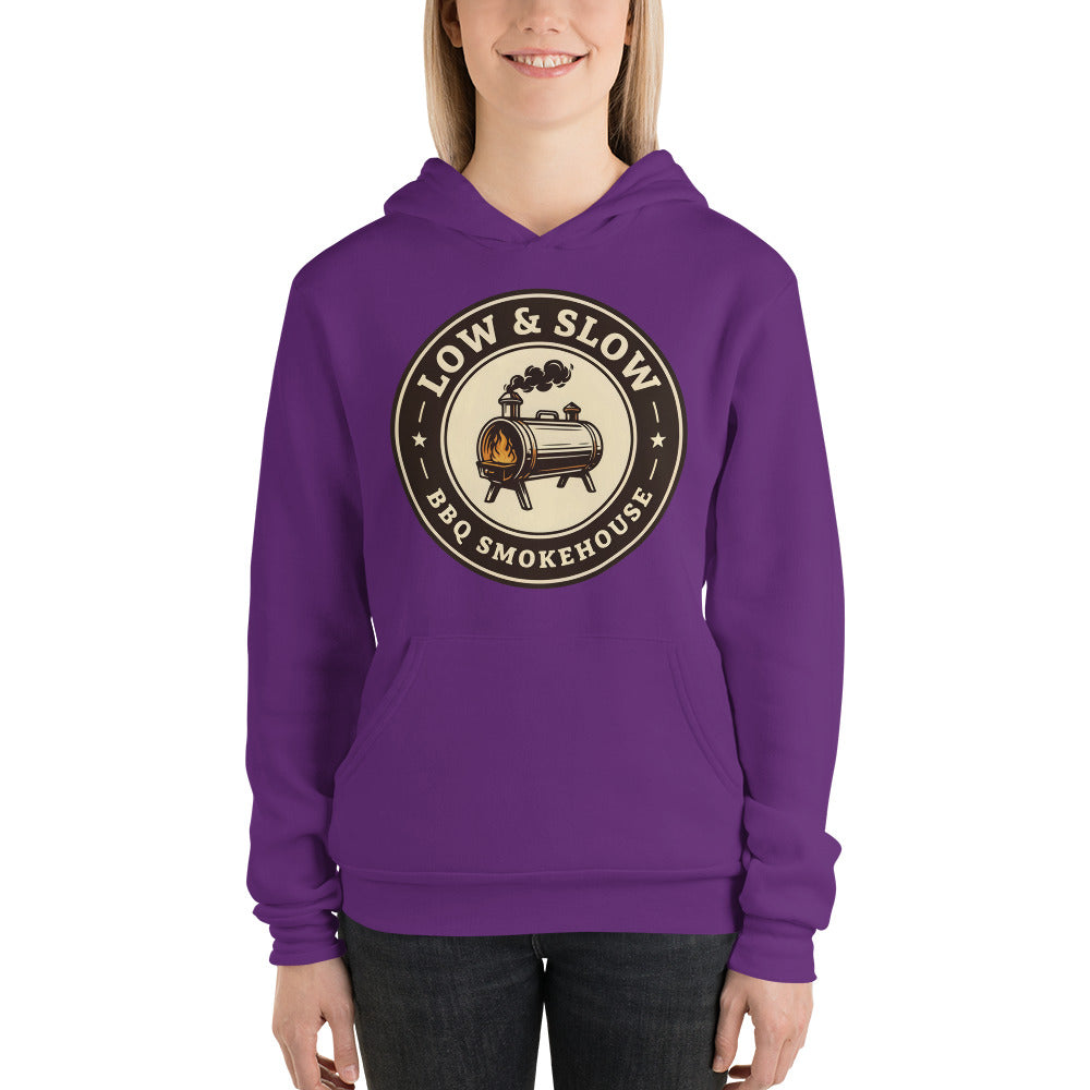 Low & Slow BBQ smoker hoodie — Team Purple, on model