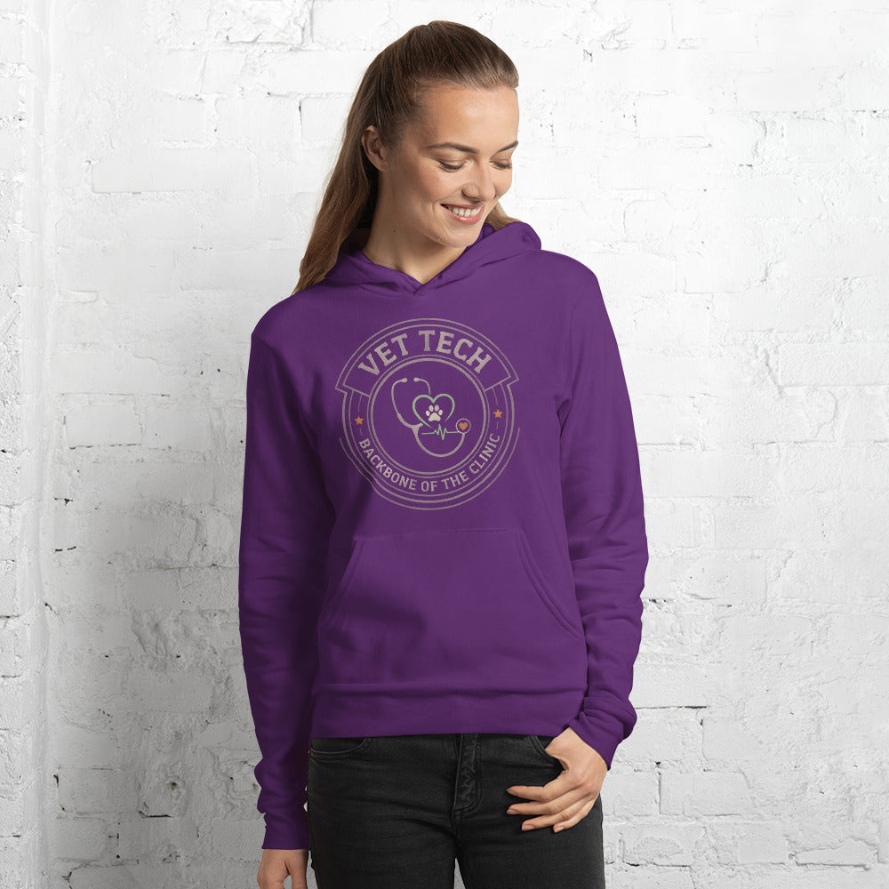 Vet Tech Crest retro veterinary technician hoodie — Team Purple, on model