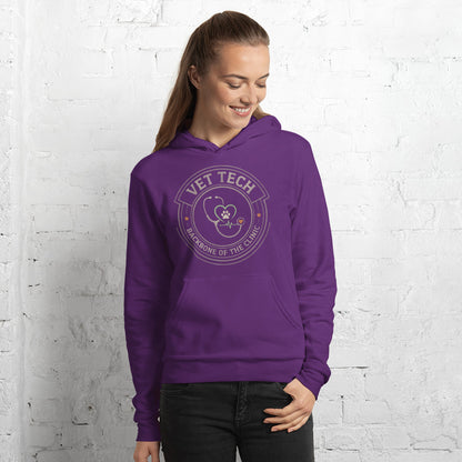 Vet Tech Crest retro veterinary technician hoodie — Team Purple, on model