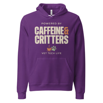 Powered by Caffeine & Critters funny vet tech hoodie — Team Purple, front