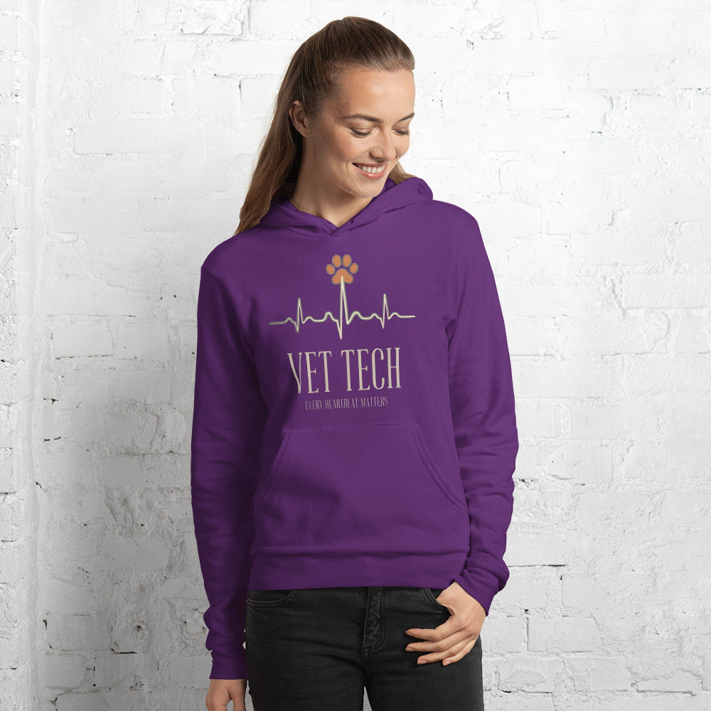 Every Heartbeat Matters minimalist vet tech hoodie — Team Purple, on model