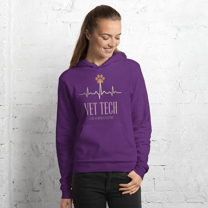 Every Heartbeat Matters minimalist vet tech hoodie — Team Purple, on model