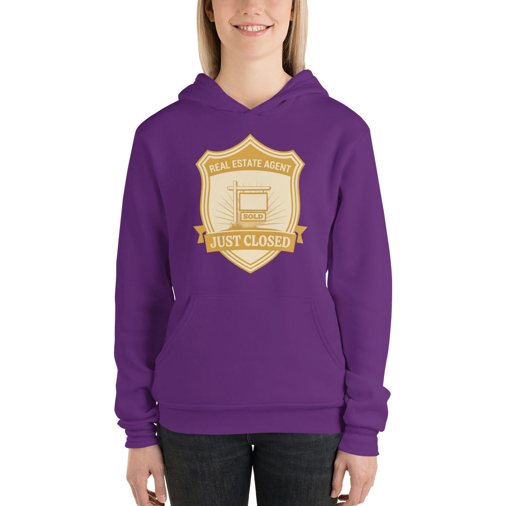 Just Closed real estate agent hoodie — Team Purple, on model
