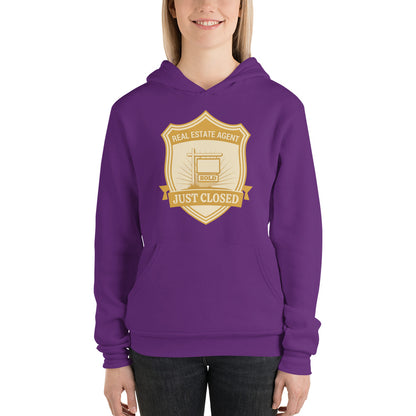 Just Closed real estate agent hoodie — Team Purple, on model
