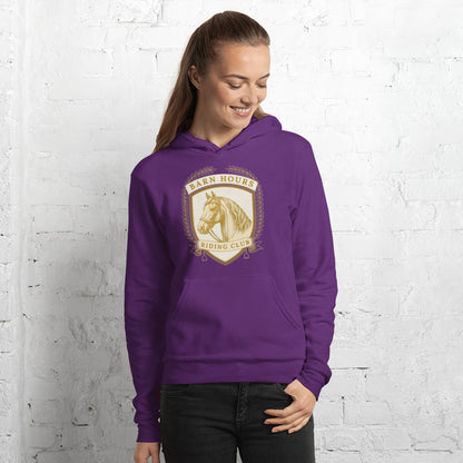 Barn Hours Riding Club vintage equestrian stable crest hoodie — Team Purple, on model