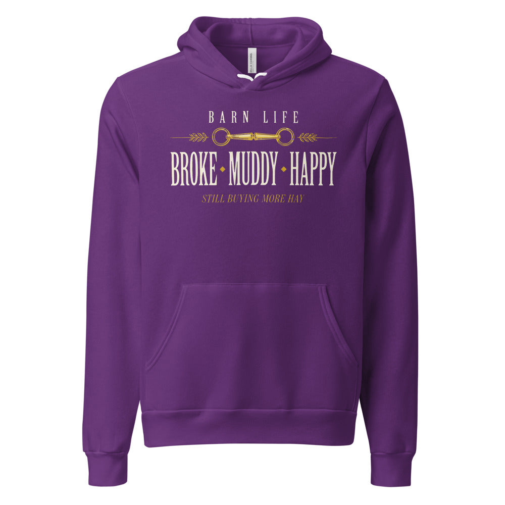 Broke Muddy Happy funny barn life equestrian hoodie — Team Purple, front