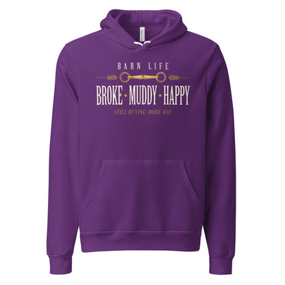 Broke Muddy Happy funny barn life equestrian hoodie — Team Purple, front
