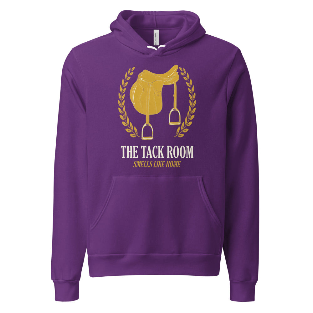 The Tack Room engraved equestrian saddle crest hoodie — Team Purple, front