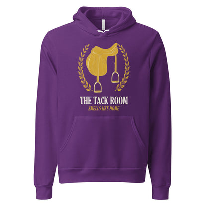 The Tack Room engraved equestrian saddle crest hoodie — Team Purple, front