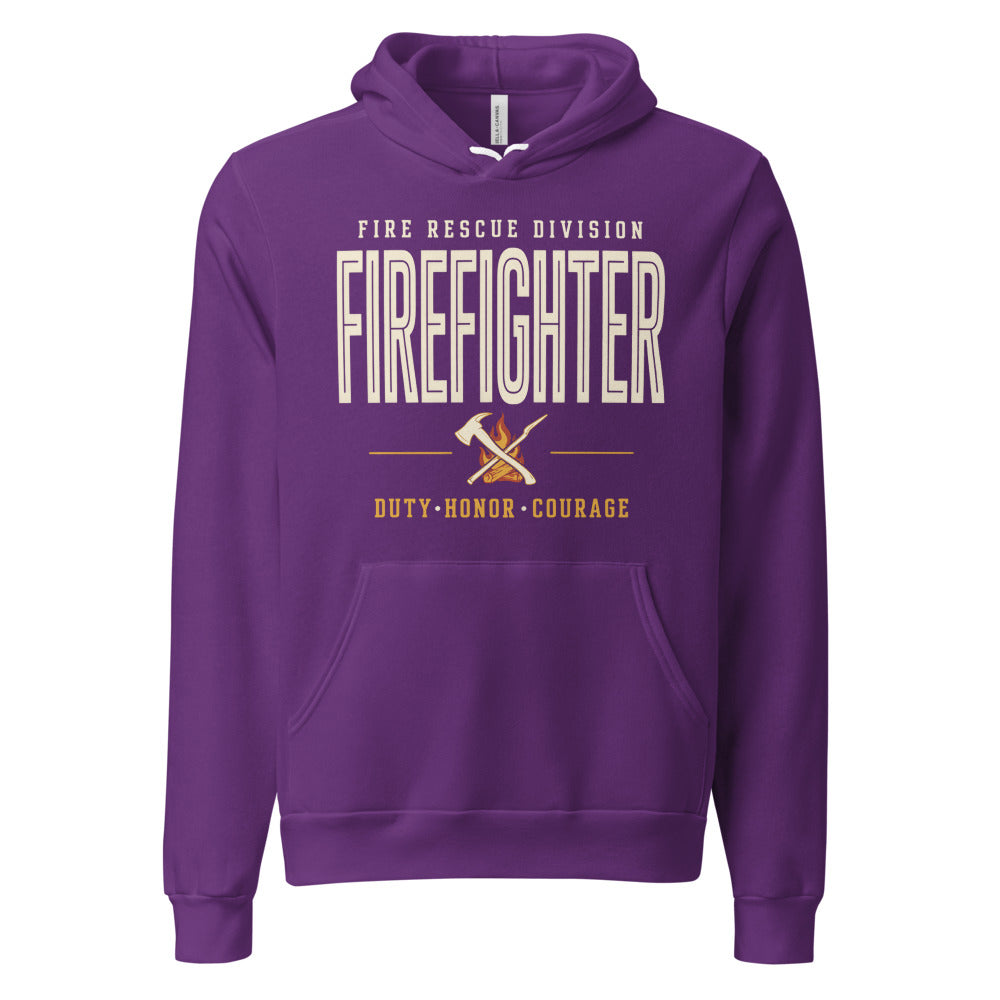Firefighter collegiate wordmark retro fire-rescue hoodie — Team Purple, front