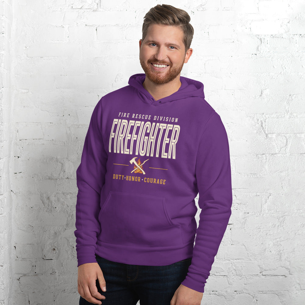 Firefighter collegiate wordmark retro fire-rescue hoodie — Team Purple, on model