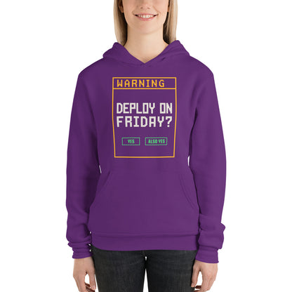 Deploy On Friday programmer hoodie — Team Purple, on model