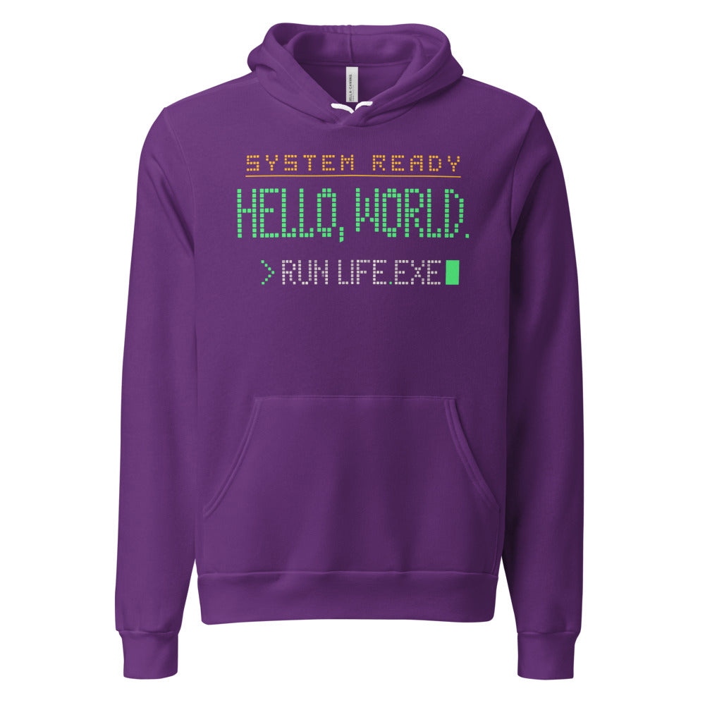 Hello World retro boot screen programmer hoodie — Team Purple, front