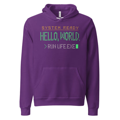 Hello World retro boot screen programmer hoodie — Team Purple, front