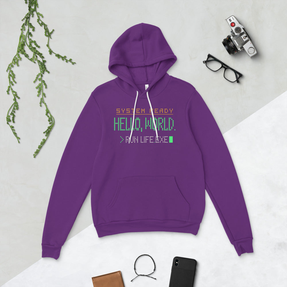 Hello World retro boot screen programmer hoodie — Team Purple, flat lay