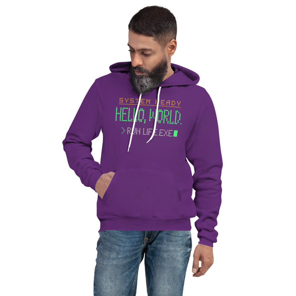 Hello World retro boot screen programmer hoodie — Team Purple, on model