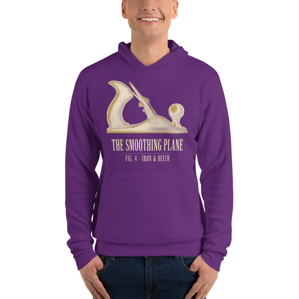 Fig. 4 The Smoothing Plane woodworking hoodie — Team Purple, on model