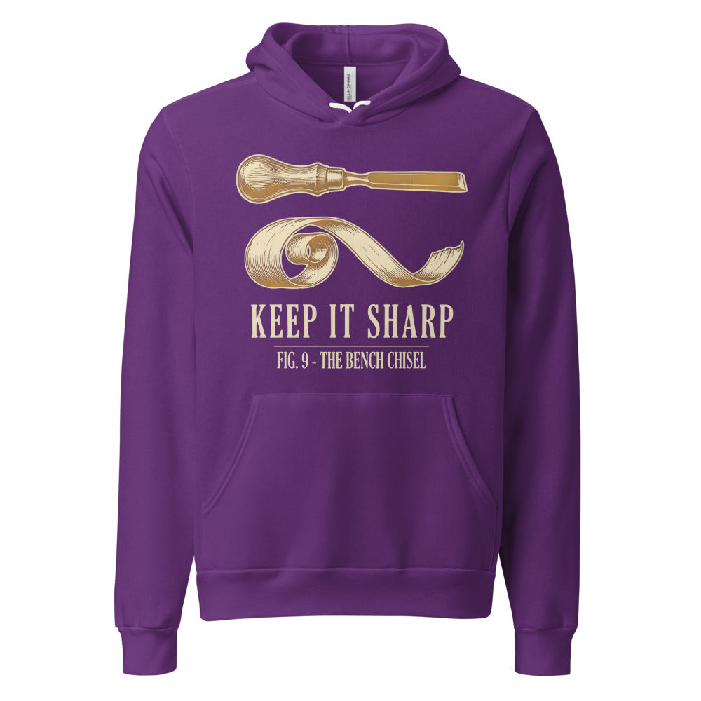 Keep It Sharp woodworking hoodie — Team Purple, front
