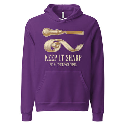 Keep It Sharp woodworking hoodie — Team Purple, front