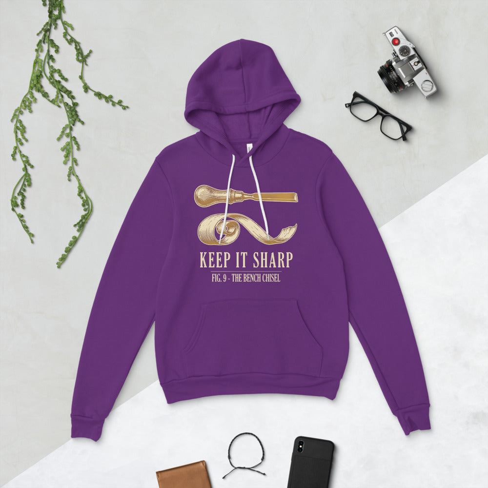 Keep It Sharp woodworking hoodie — Team Purple, flat lay