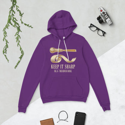 Keep It Sharp woodworking hoodie — Team Purple, flat lay