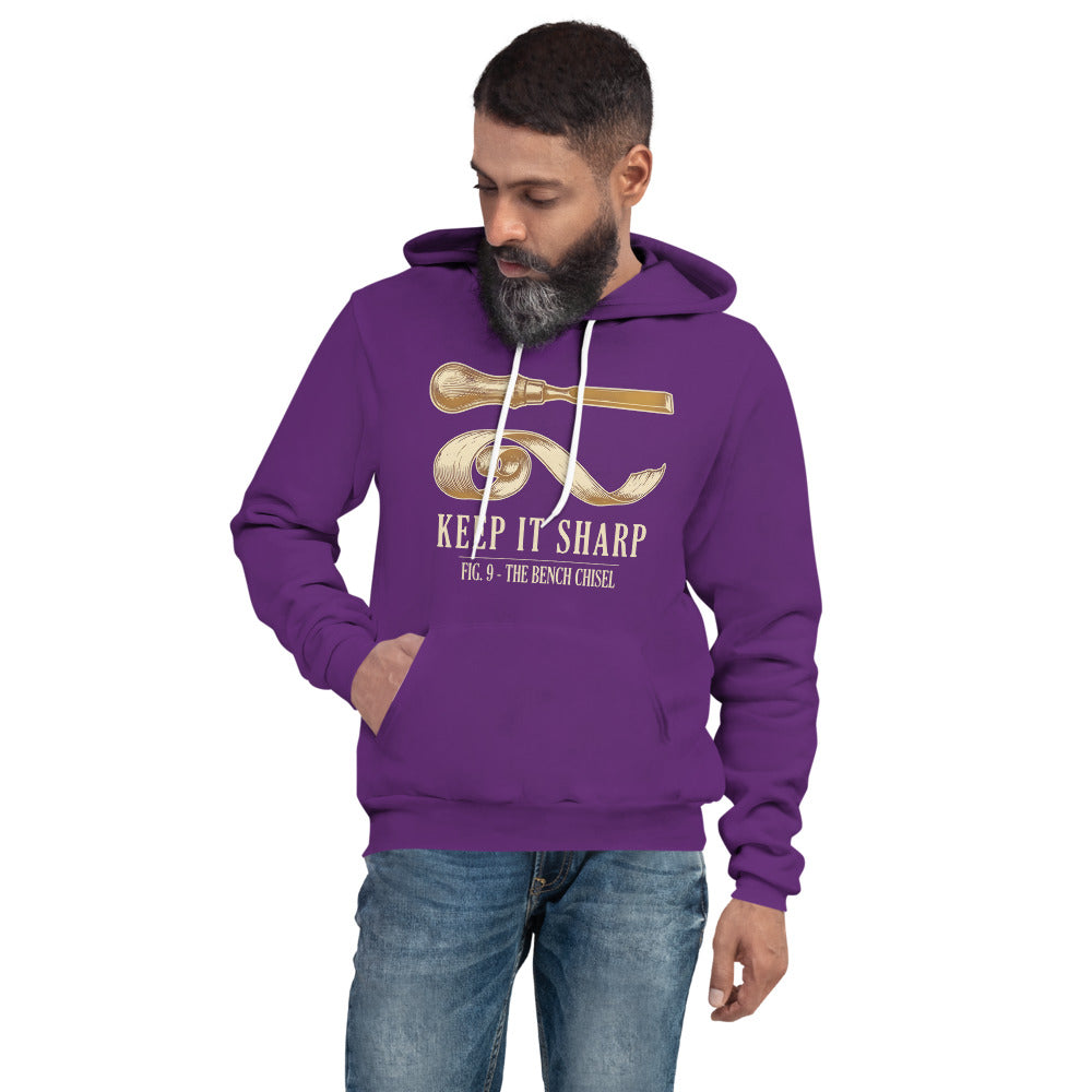 Keep It Sharp woodworking hoodie — Team Purple, on model