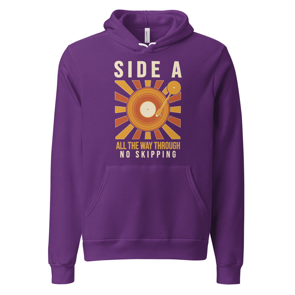 Side A No Skipping vinyl record hoodie — Team Purple, front