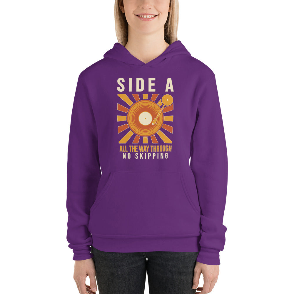 Side A No Skipping vinyl record hoodie — Team Purple, on model