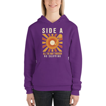 Side A No Skipping vinyl record hoodie — Team Purple, on model