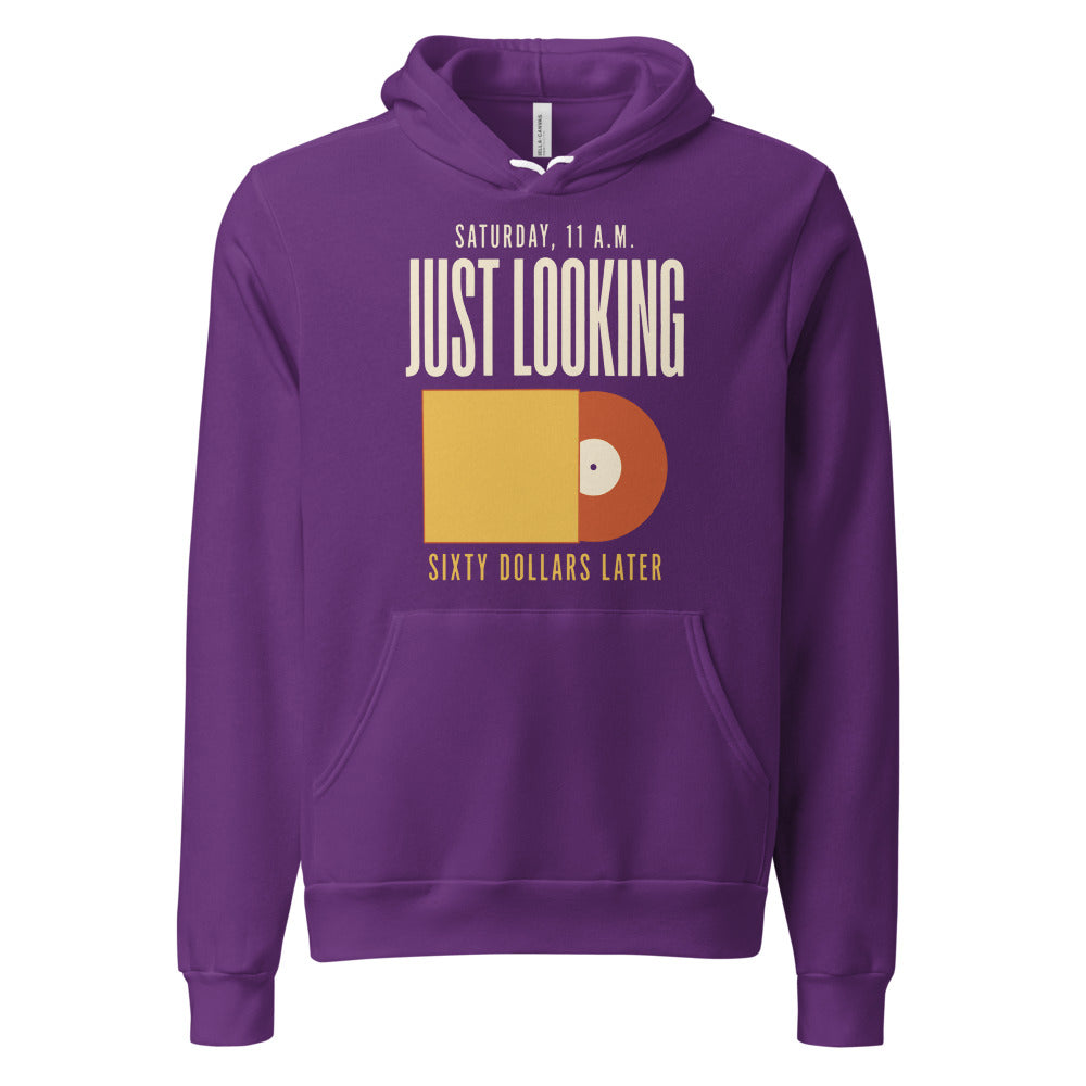 Just Looking Sixty Dollars Later vinyl record hoodie — Team Purple, front