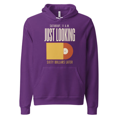 Just Looking Sixty Dollars Later vinyl record hoodie — Team Purple, front