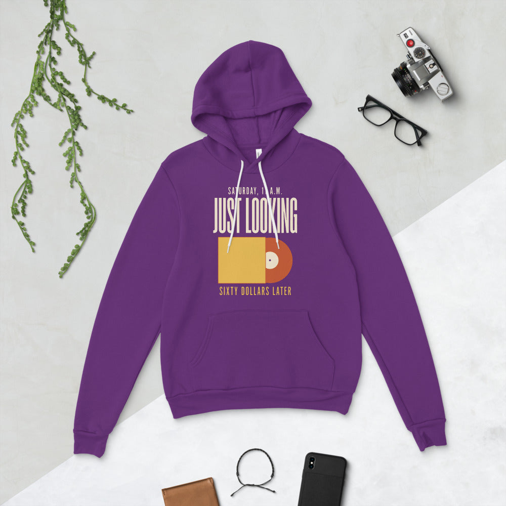 Just Looking Sixty Dollars Later vinyl record hoodie — Team Purple, flat lay