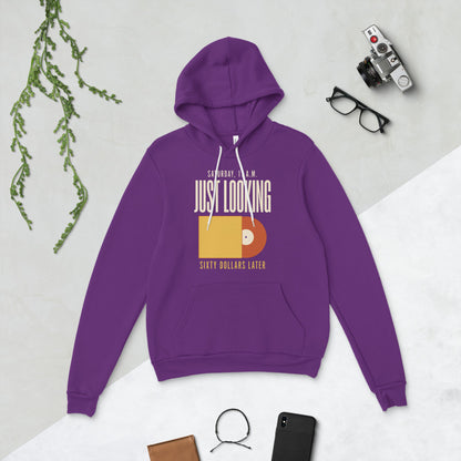 Just Looking Sixty Dollars Later vinyl record hoodie — Team Purple, flat lay
