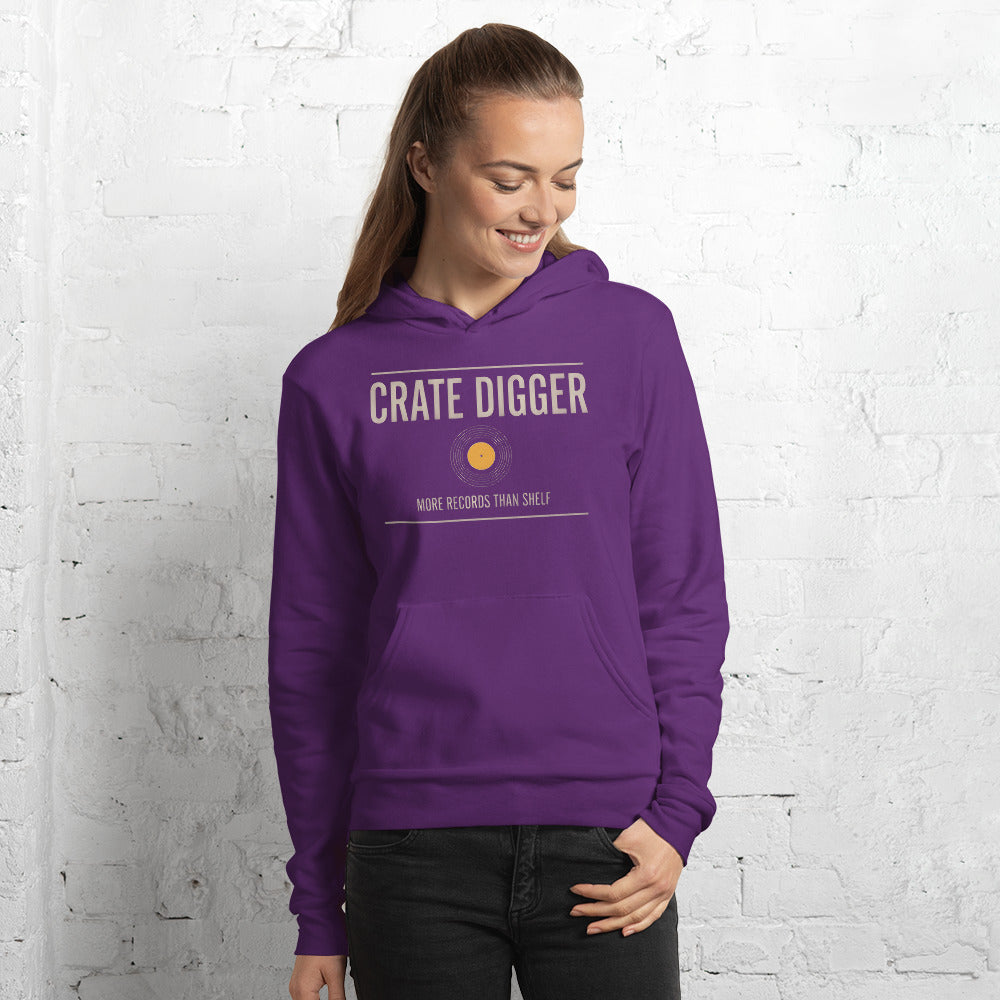 Crate Digger vinyl record hoodie — Team Purple, on model