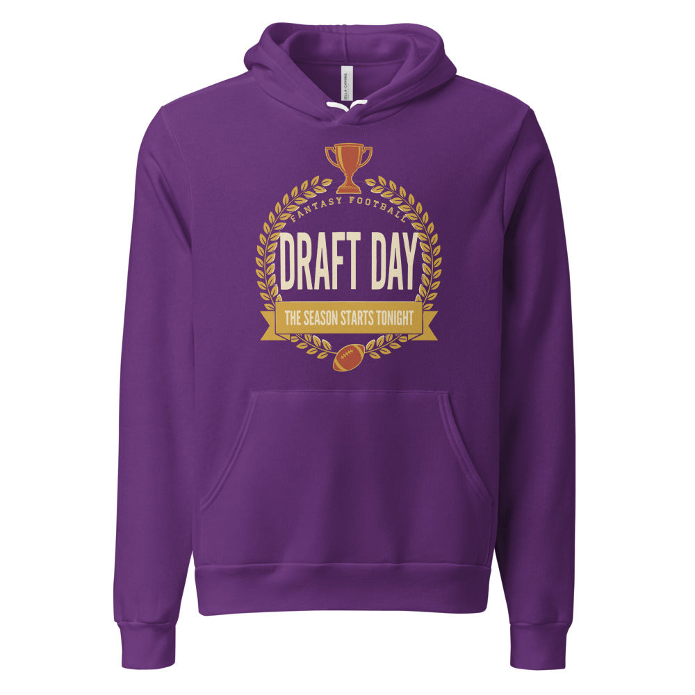 Draft Day Almanac vintage fantasy football draft hoodie — Team Purple, front