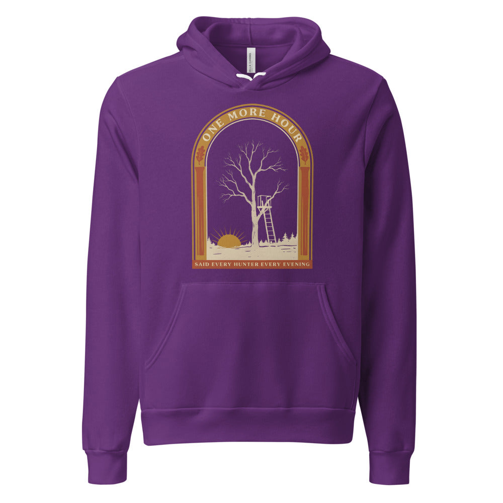One More Hour funny deer hunting hoodie — Team Purple, front