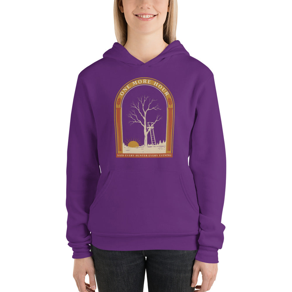One More Hour funny deer hunting hoodie — Team Purple, on model