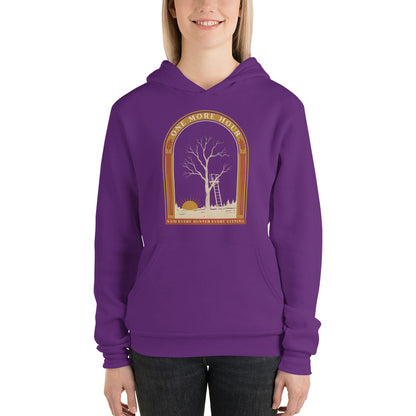 One More Hour funny deer hunting hoodie — Team Purple, on model
