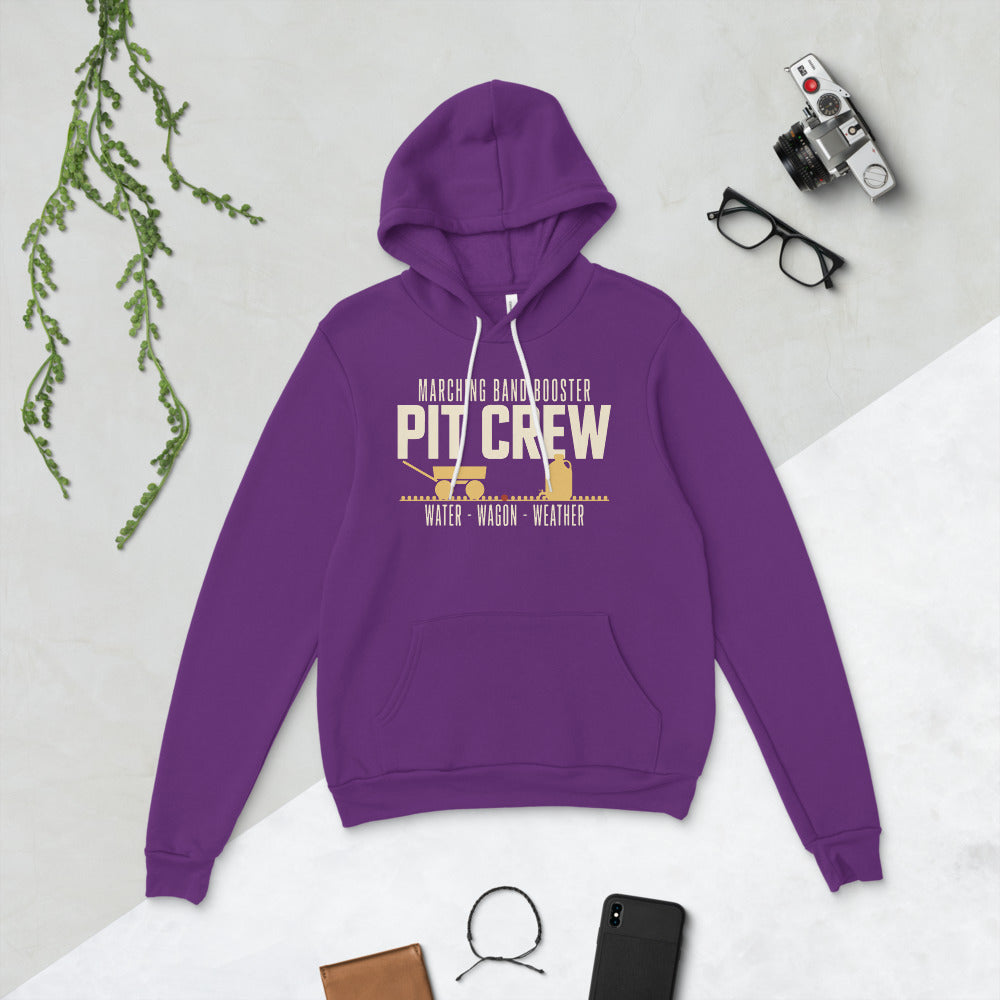 Pit Crew marching band booster hoodie — Team Purple, flat lay