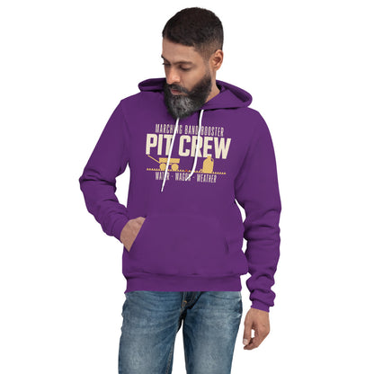 Pit Crew marching band booster hoodie — Team Purple, on model