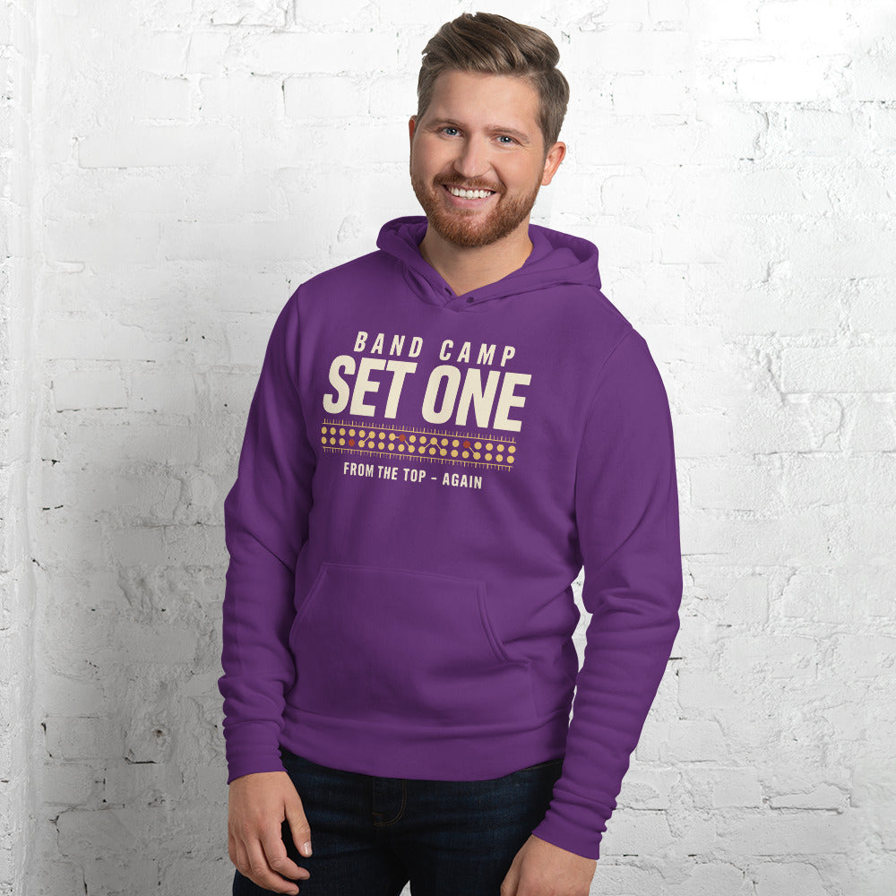 Set One marching band drill chart hoodie — Team Purple, on model