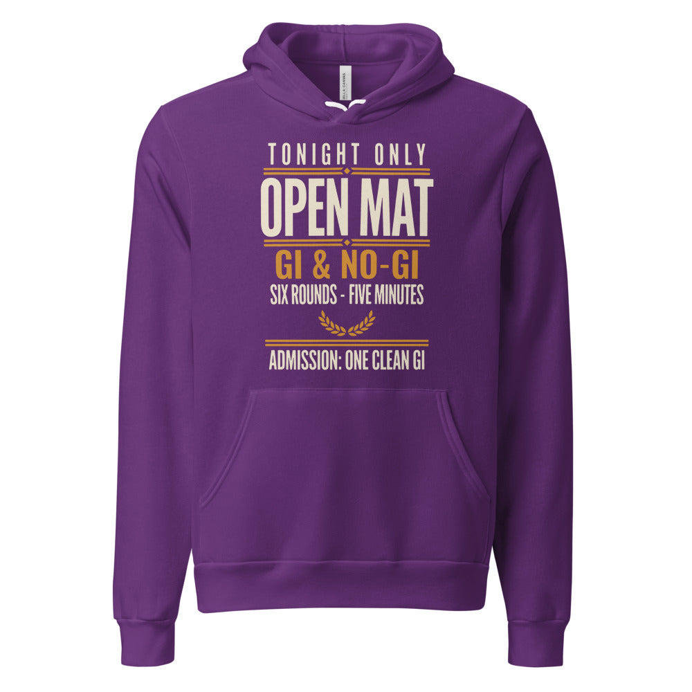 Open Mat Tonight Brazilian jiu jitsu hoodie — Team Purple, front