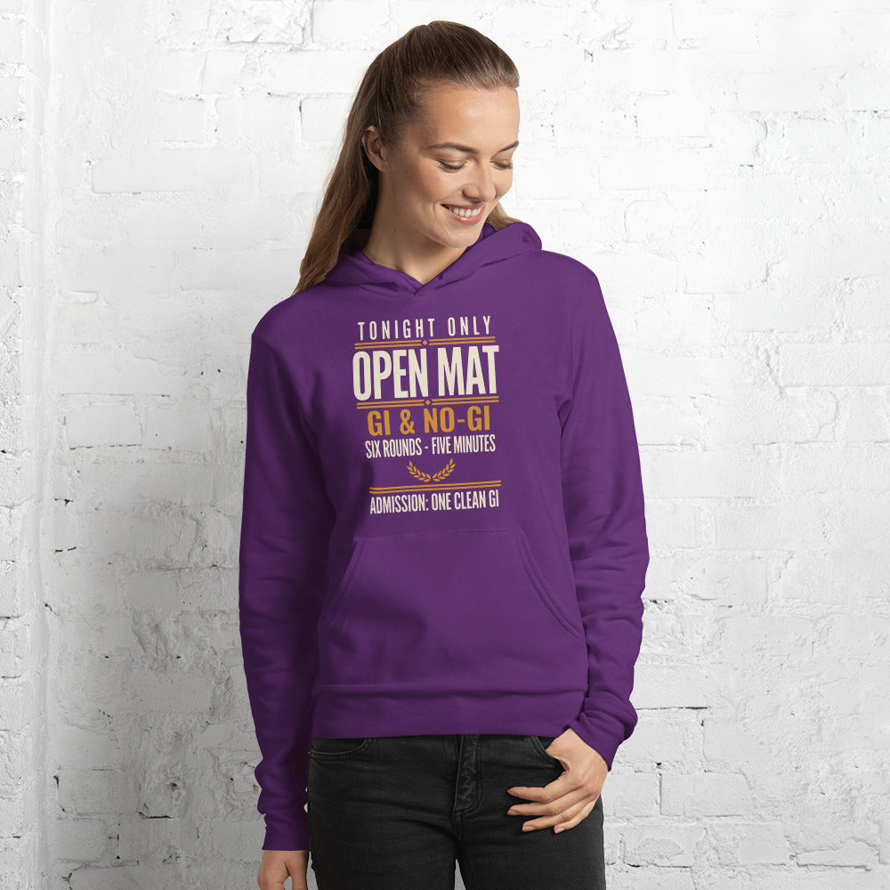 Open Mat Tonight Brazilian jiu jitsu hoodie — Team Purple, on model