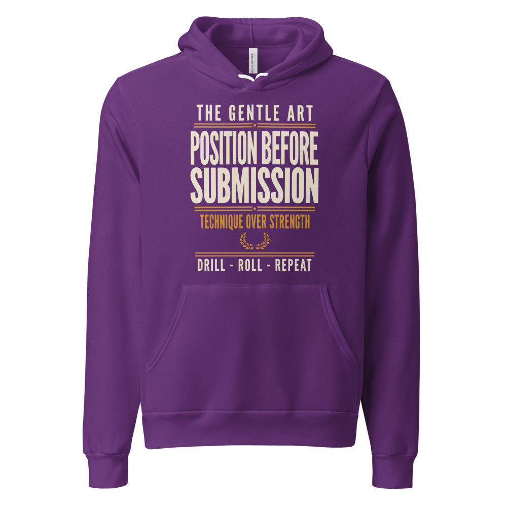 Position Before Submission Brazilian jiu jitsu hoodie — Team Purple, front