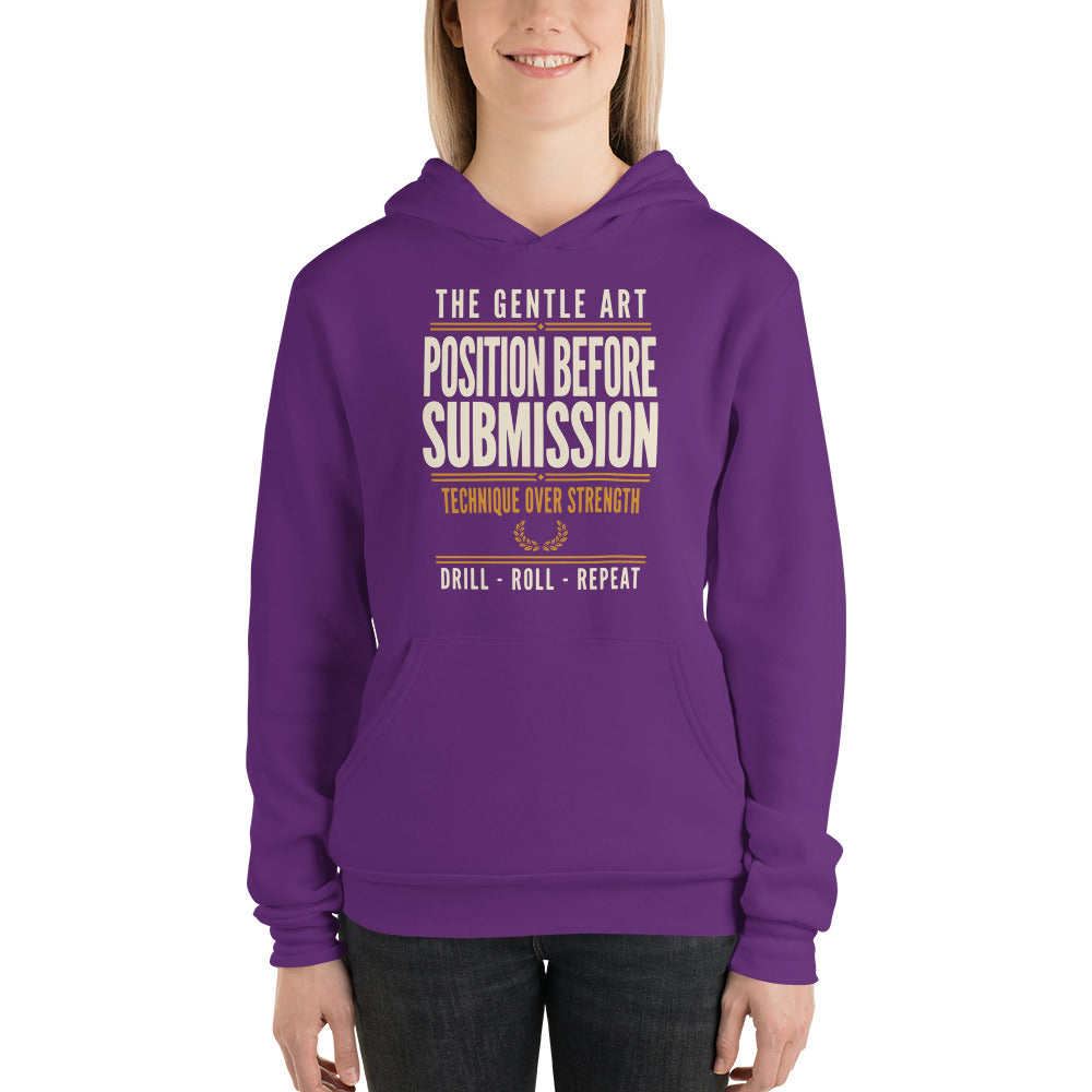 Position Before Submission Brazilian jiu jitsu hoodie — Team Purple, on model